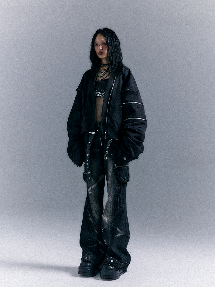 Washed Zippered Flare Black-Grey Studs Jeans Pockets Punk With