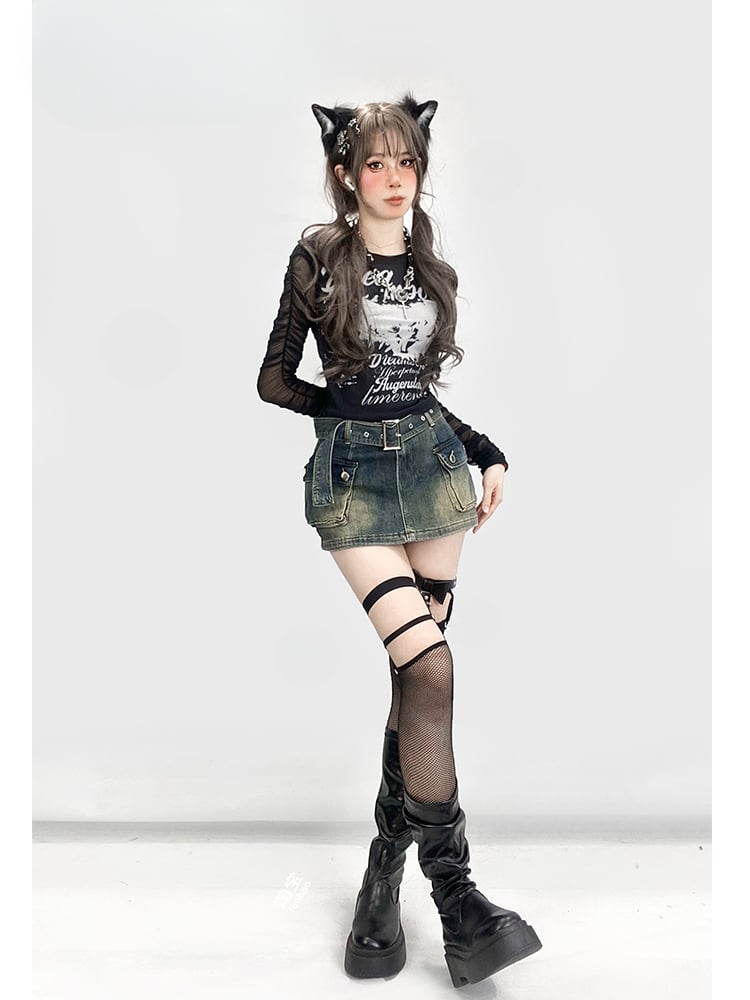 Vintage Dark Blue Distressed Denim Glamorous Skirt with Cargo Pockets