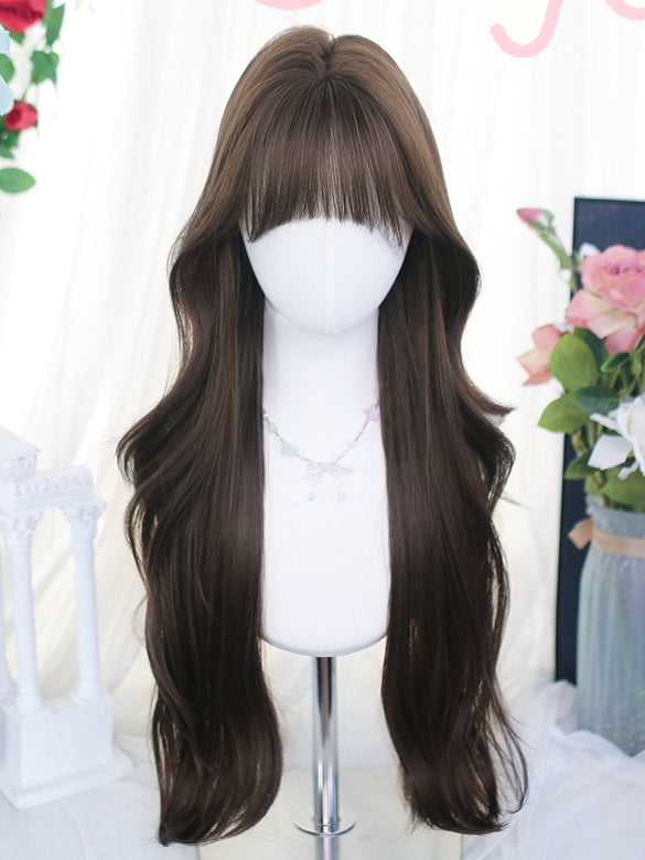 Long Air With Bangs Brown Wigs Wavy 65-70cm