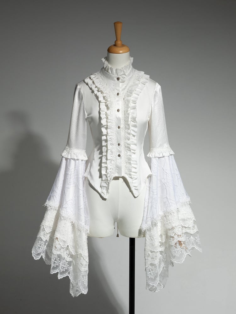 Aristocrat Sleeves Bell Ruffled Patched Lace Neck White Ouji Fashion Shirt Lolita