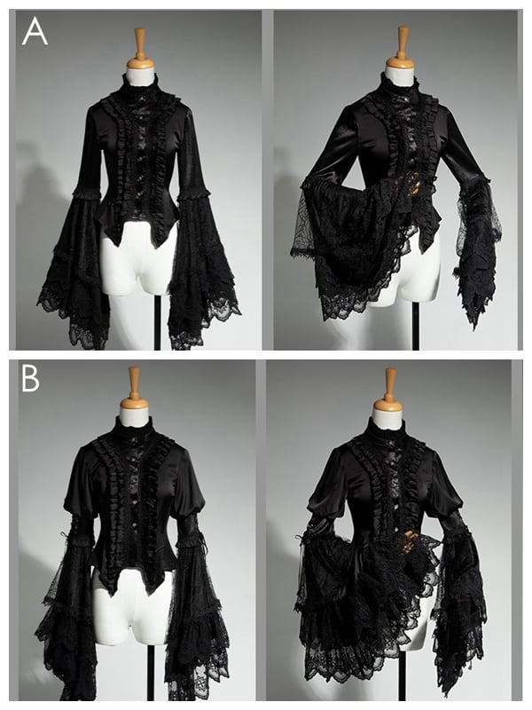 Neck Aristocrat Patched Fashion Lace Sleeves Black Shirt Ouji Bell Lolita Ruffled