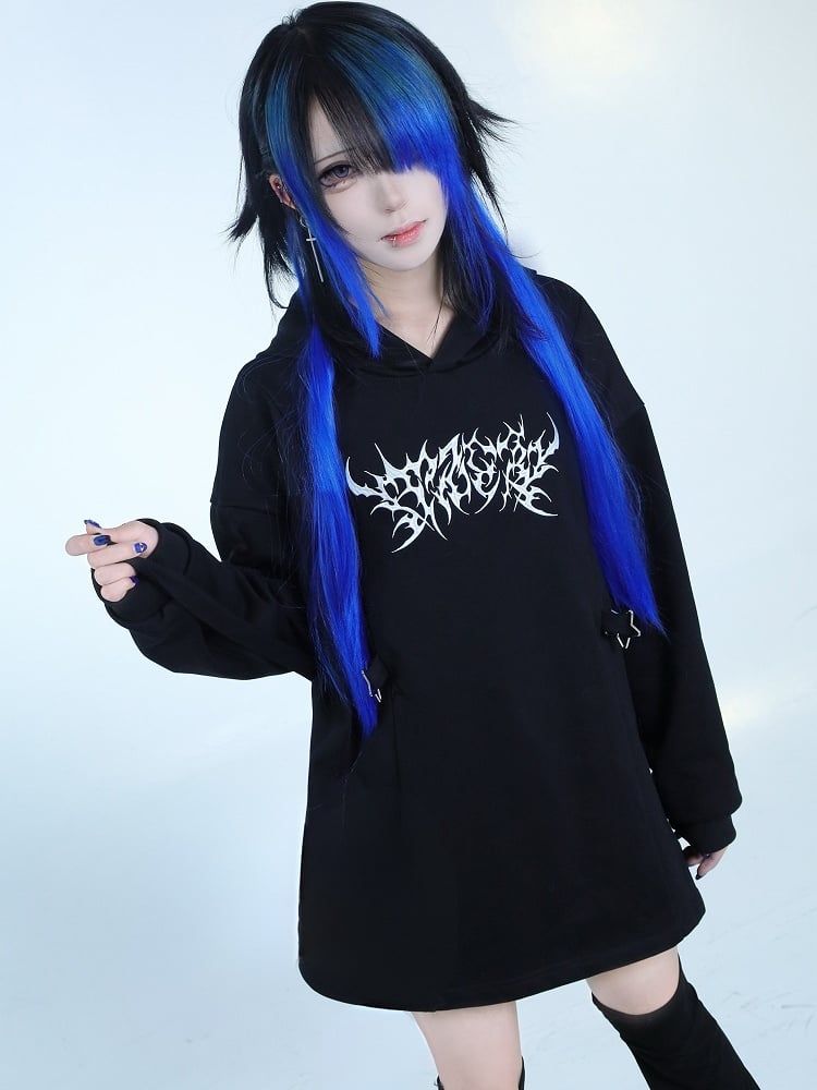 Buckle Jirai Decorated Black Hoodie Embroidery Details Kei