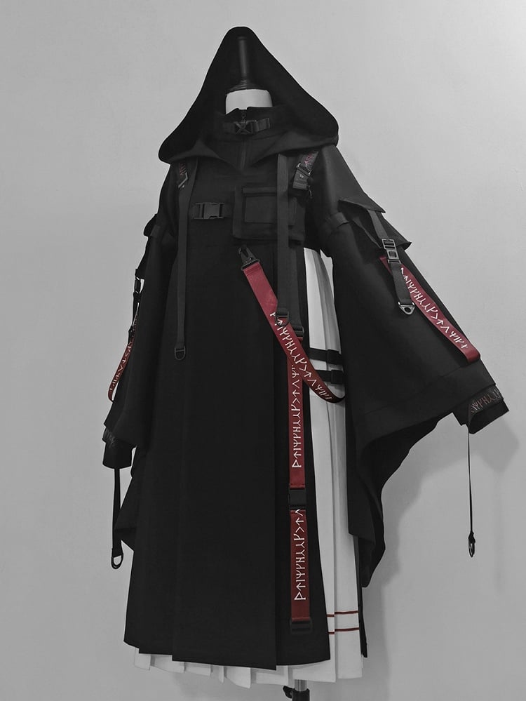 Futuristic and Dress Buckle Details White Black Techwear JSK Pleated