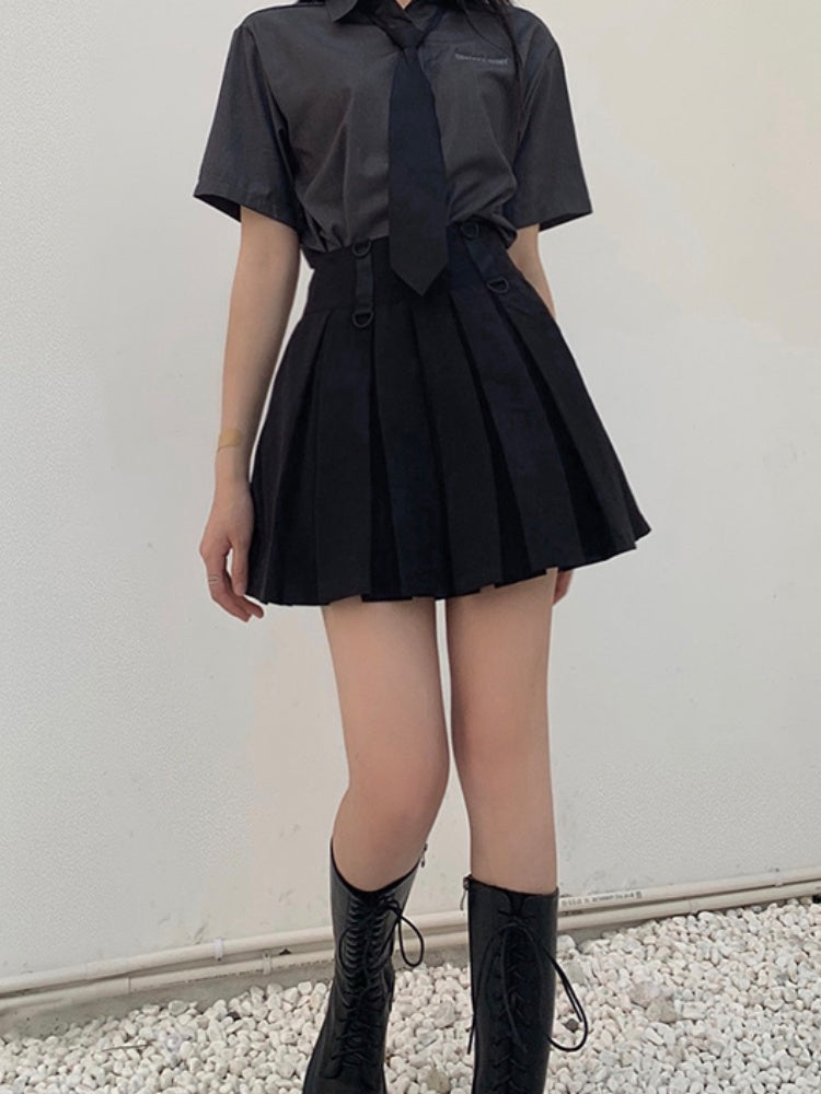 Black High Waist Box Pleat Overall Skirt