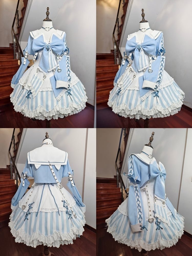 Kitty Light Bow Kaiwai Set Blue JSK Dress Cropped Tenshi Lolita Sailor Striped Big Top Pattern Ears + - Collar