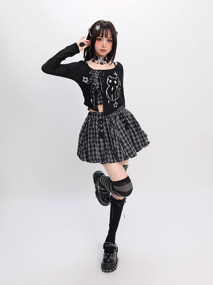 Y2K Coverup Set Plaid Cami Top with Kitten Print Black Red/Gray