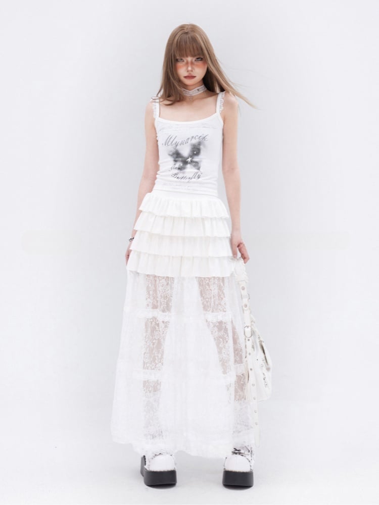 Cami Top Butterfly Print Lace Trim White Glamorous Slim-fitting