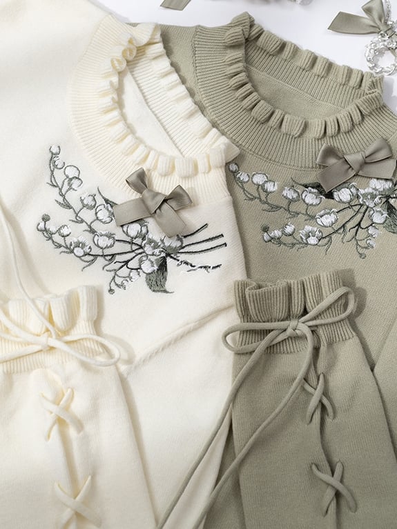 Autumn Cuffs Top Lily the of Knit Beige Lace-up Embroidery Valley
