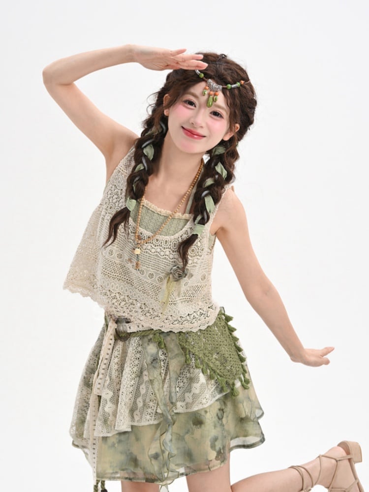Floral Accent Beige Vest Hollow-Out Lace