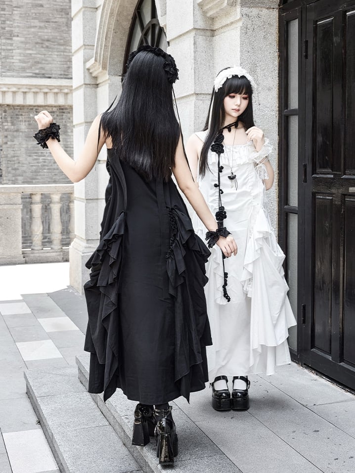 Loose Drawstring Ruffles Scarf Dress Necklace Cascading Design + Goth Black