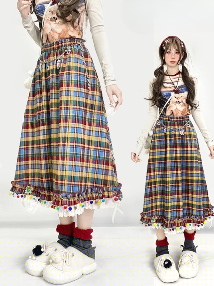 Rainbow Plaid Pompons Hem Midi Length Vintage Skirt
