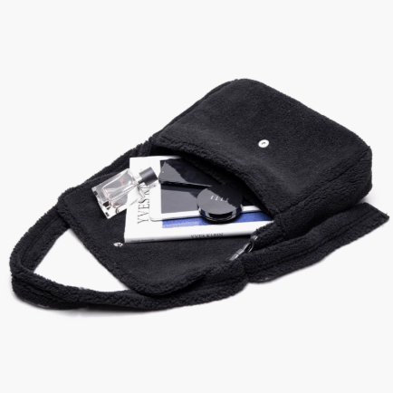 Letter Embroidered Fuzzy Tote Bag- Perfect For Fall And Winter Black Elegant