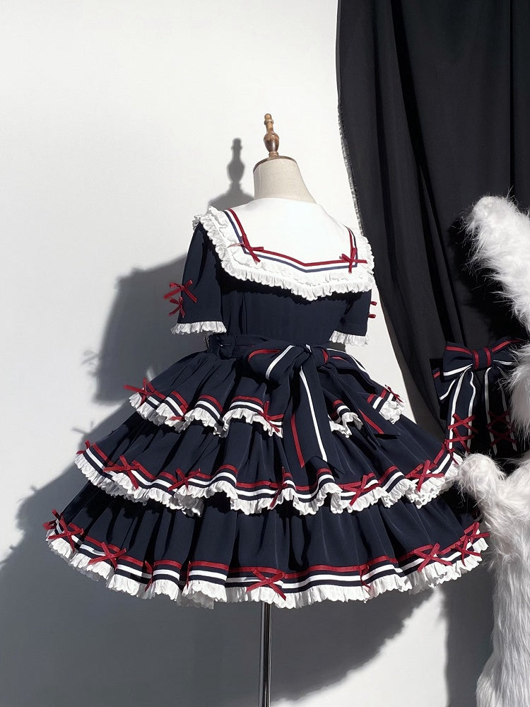 Lolita Dress Short Detachable Navy with Sleeves Blue Summer Sailor Collar
