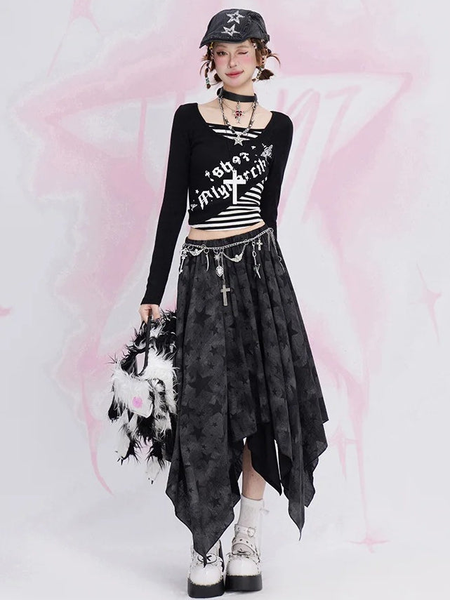 Black Y2K Stars Handkerchief Hem Skirt
