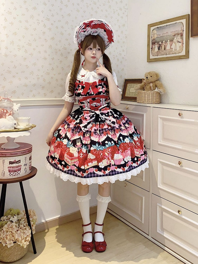 and Sweet Black Strawberry Dessert Dress Print Lolita