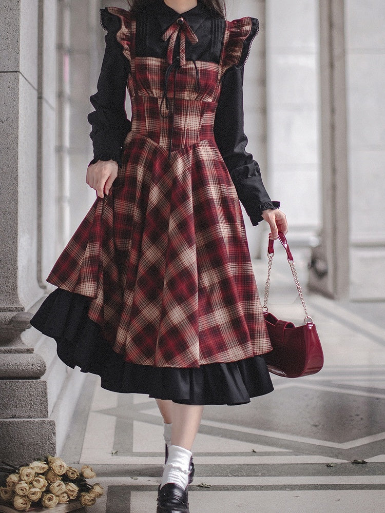 Pattern Plaid Waist Dress Red Basque