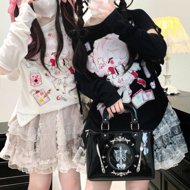 Double-Layered Jirai Kei Lace Black/White/Pink Bunny Ears Design Skirt
