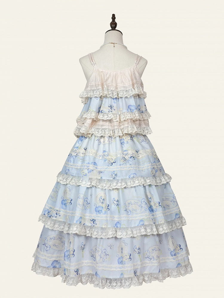 Print Top Cami Blue Floral Beige Tiered and