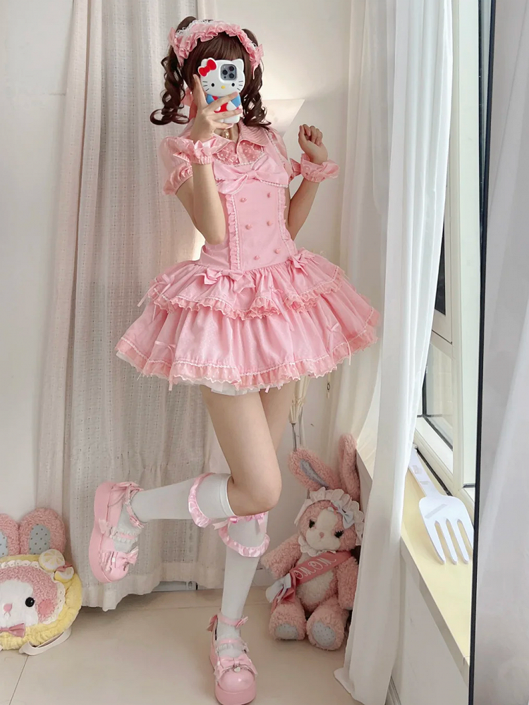 Bow Pink Accents Dots Lolita Old School Dress Shimmer Polka Sweet