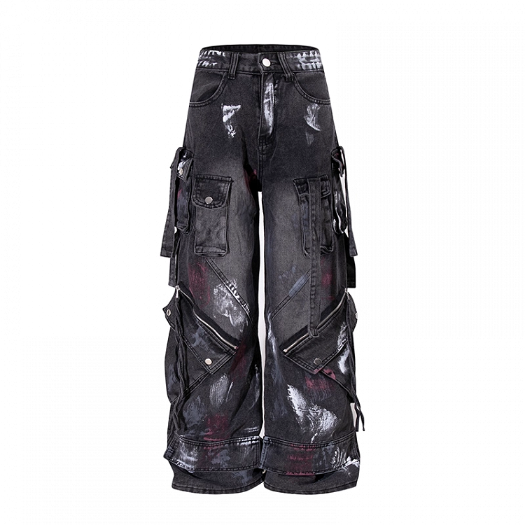 Details Jeans Zipper Spray Paint Print Waist Wide-leg Cargo Black Low