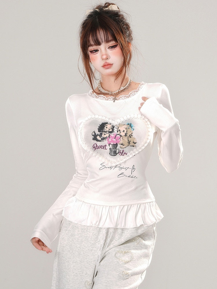 グレー/ホワイト パピーズプリント フリルヘム スリムフィット Tシャツ