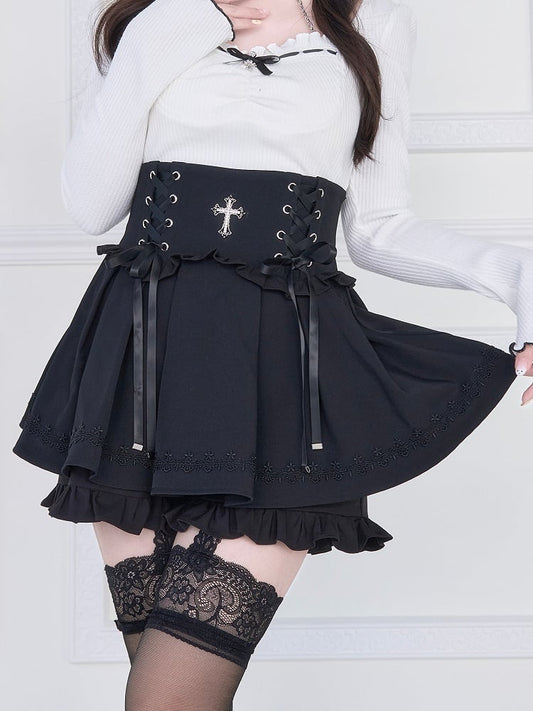 Jirai Shorts Style Kei Waist Lace-Up Skirt Cross High Lining with Decor Black