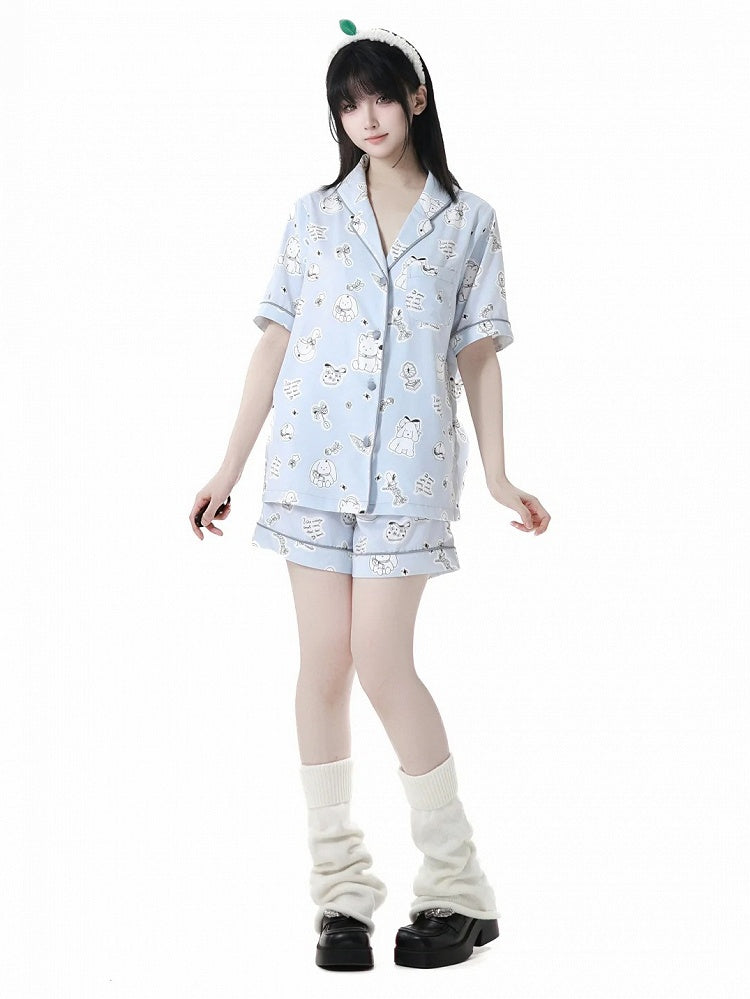 Puppy Print Pajamas Set Blue/Creamy Allover Cute Yellow Light