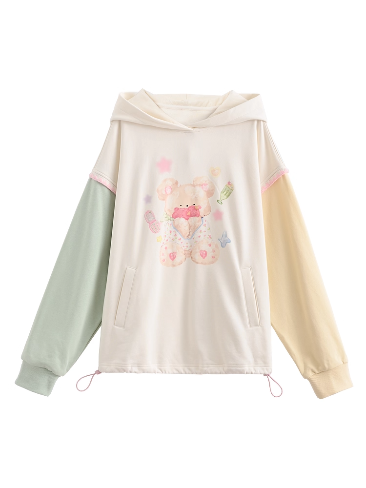 Autumn and Hem Green Yellow Colorblock Design Teddy Bear Print Drawstring Hoodie