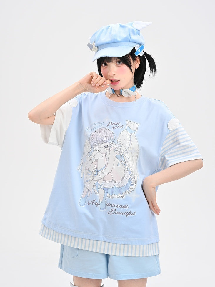 Blue Anime Girl Print Wing Appliques T-Shirt with Striped Scarf
