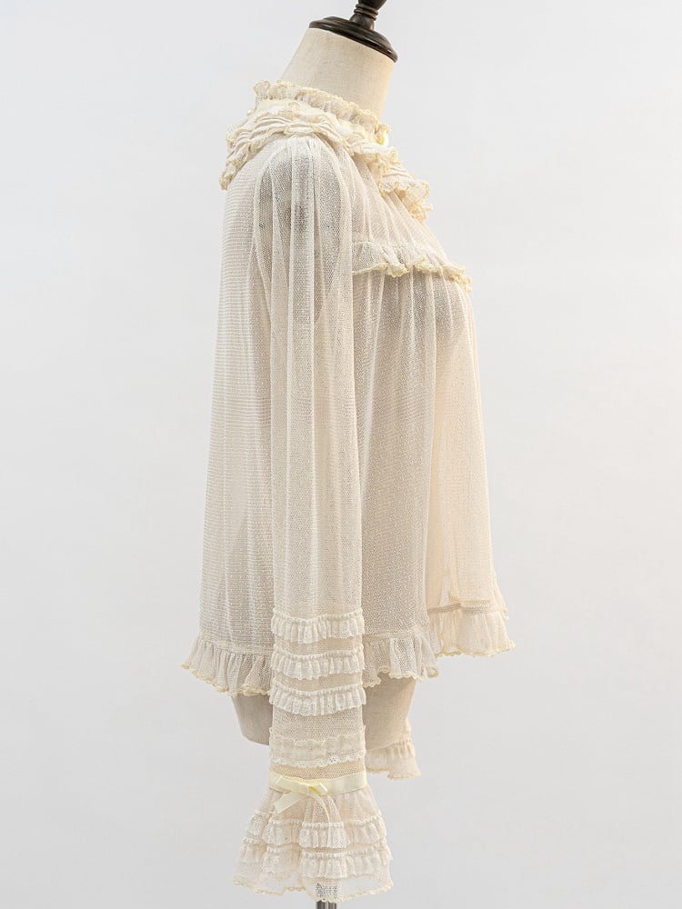 Beigefarbene, transparente Bluse mit langen Ärmeln und Rüschenausschnitt
