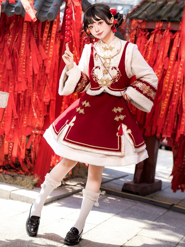 Red New Year Knot Buttons Banded Collar Lolita Dress Vest Tassels Crossbody Bag Full Set