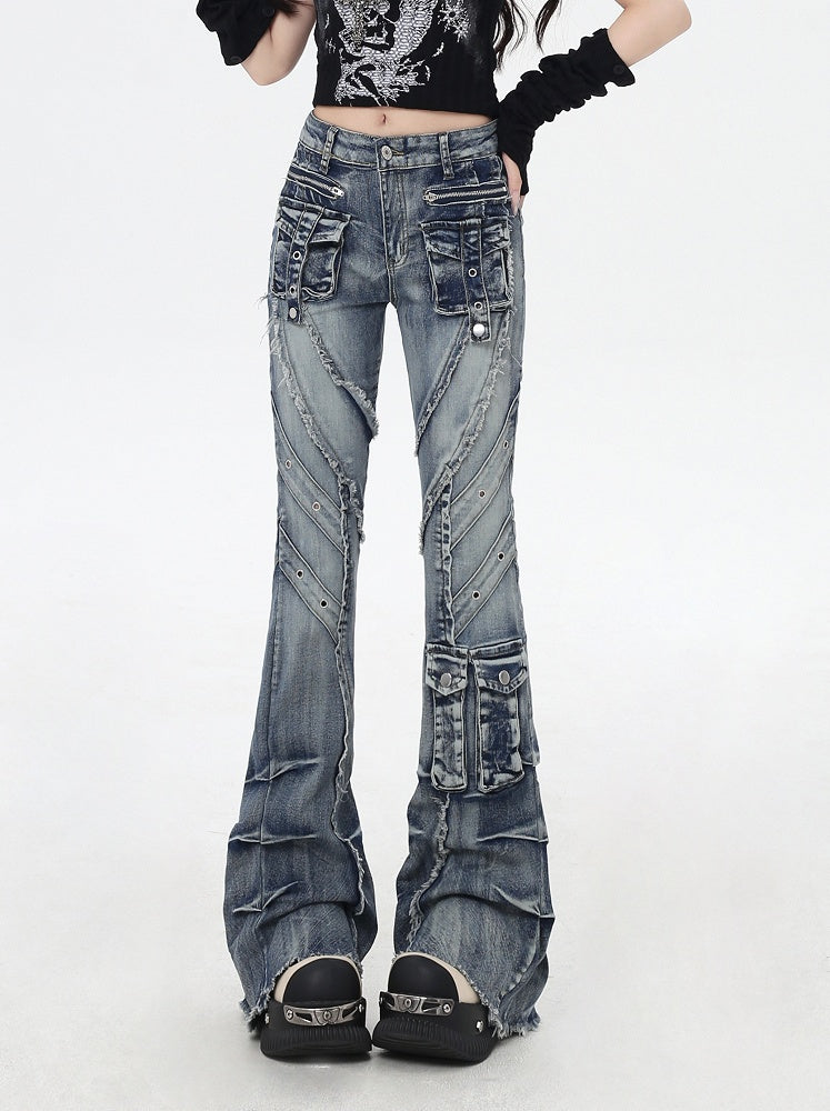 Blue Low Rise Raw Hem Faded Wash Flared Cargo Jeans Y2K