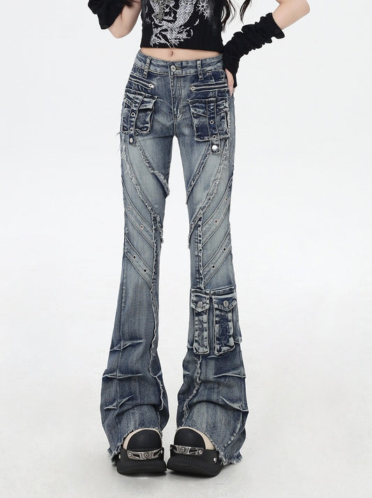 Blaue Low Rise Raw Hem Faded Wash Flared Cargo Jeans Y2K