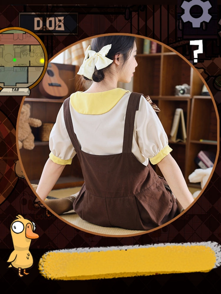 ダークブラウンのチェック柄リボンディテールオーバーオールショーツ