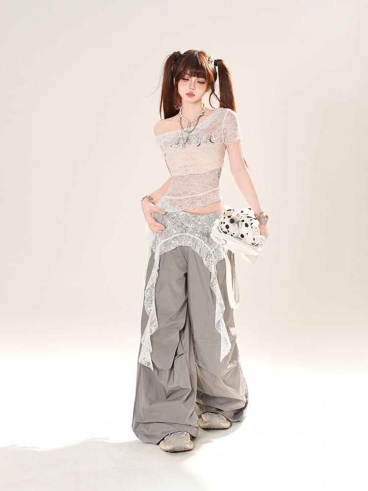 Gray/Black Low Light Rise Wide-Leg Pants with Waist Lace Accessory