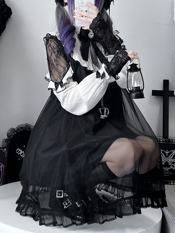 Jirai Kei – Schwarzes, langärmliges Kleid mit Spitzenaufnähern an den Schultern und Netzstoffüberzug