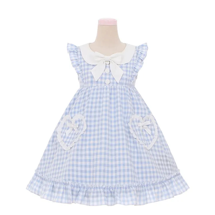 Blue Pockets Heart-shaped Sweet Dress Bowknots Plaid Flutter Sleeves Light