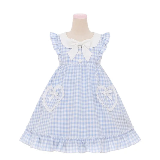 Blaue Taschen Herzförmiges süßes Kleid Bowknots Plaid Flatterärmel Licht