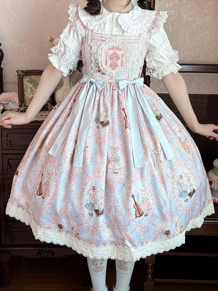 and Skirt Blue Waist Print High Lolita Bunny Violin Jumper Sweet