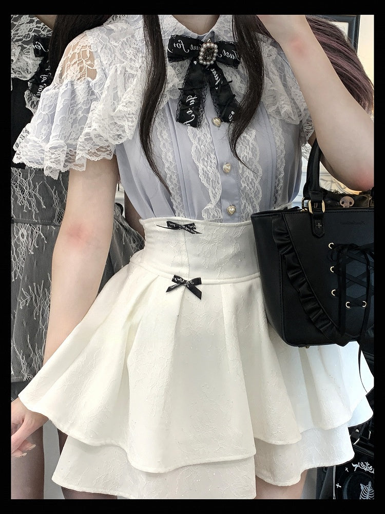 Jirai Kei Black/Blue/White Cutout Shoulder Cape Design Lace Blouse