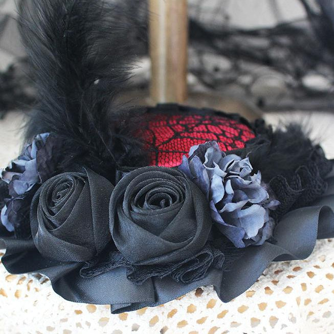 Black Rosette Feather Lace Trim Hat With Veil