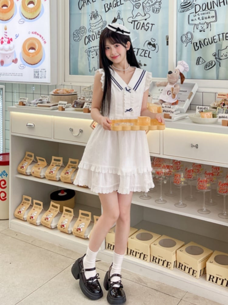 Trim Tiered Skirt Sleeveless Dress Contrast White Sailor Collar Flutter Sleeves Blue