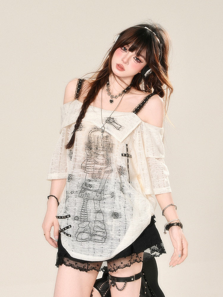 Neckline Anime Girl Print Semi-sheer Lace T-Shirt White Off-the-shoulder
