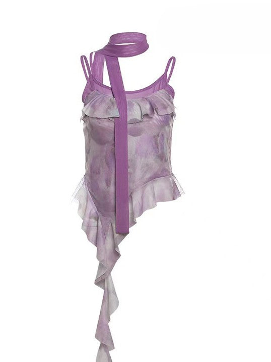 Purple Hem Asymmetrical Ruffles Top Design Dye + Tie Cami Scarf Y2K Trim