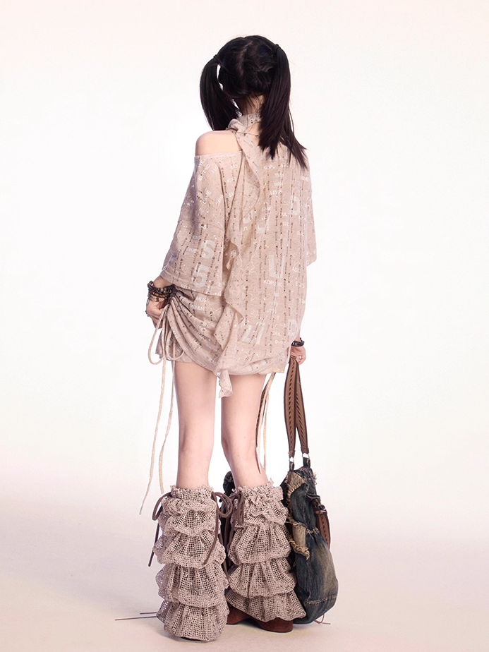 T-shirt with Holes Free Khaki Asymmetrical Neckline Letter Print Distressed Scarf