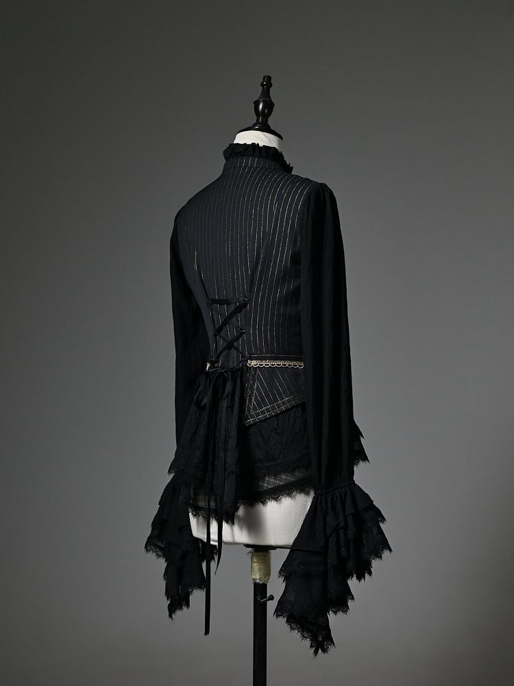 Black Ruffle Neckline Long Cuffs Sleeves Jabot Cadcading