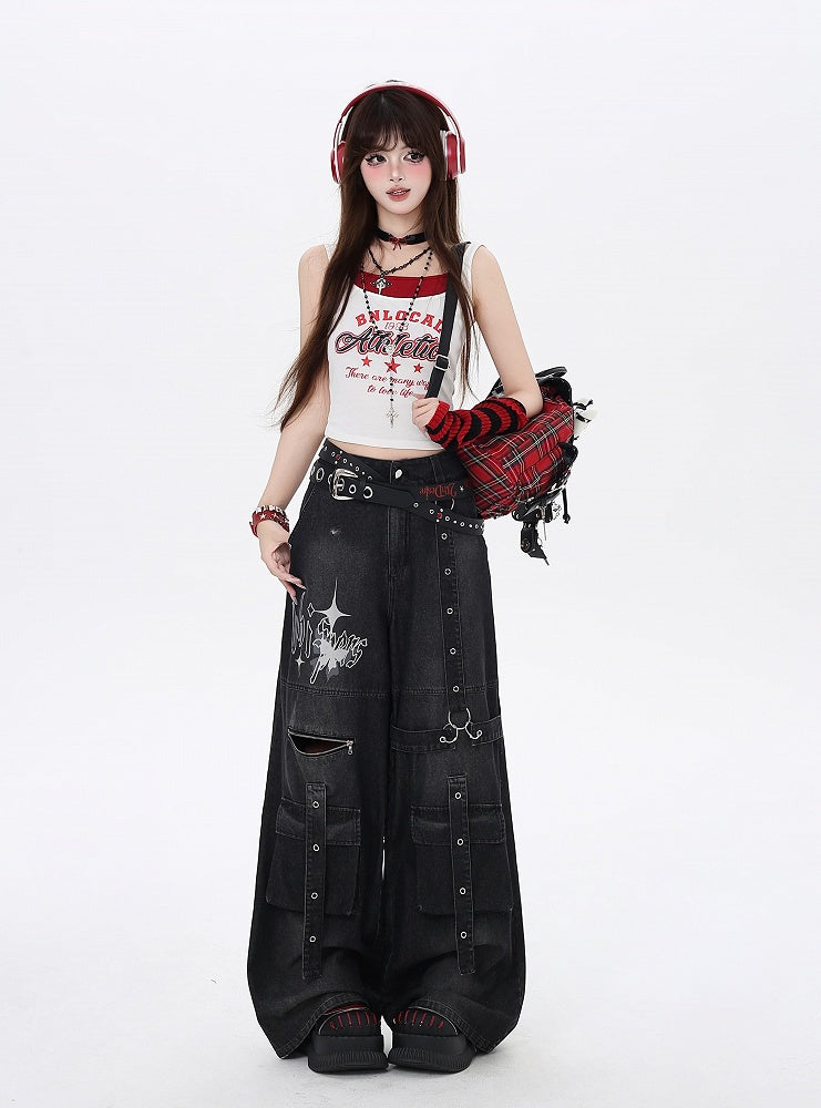 Jeans Black Butterfly Wide-Leg Cargo Print Strap Details Vintage