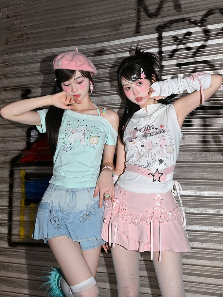 Tiered Skirt with Lace-up Details Pink Y2K Asymmetrical Kawaii Yume