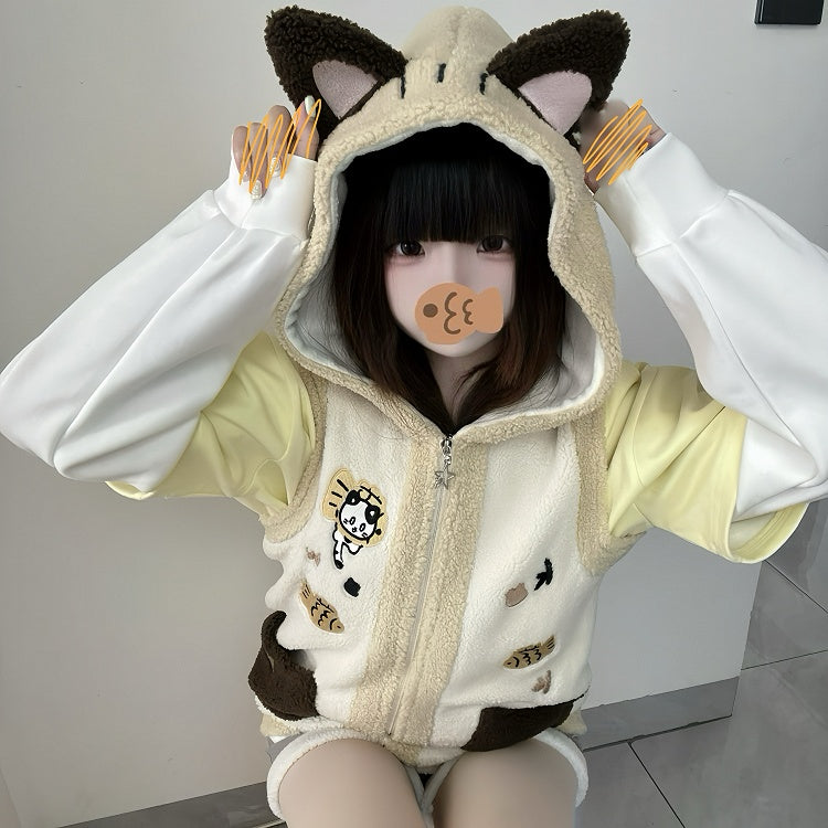 Cozy Khaki Kitty Ear Hood Fleece Vest with Taiyaki and Cat Embroidery Adorable Cat Pockets