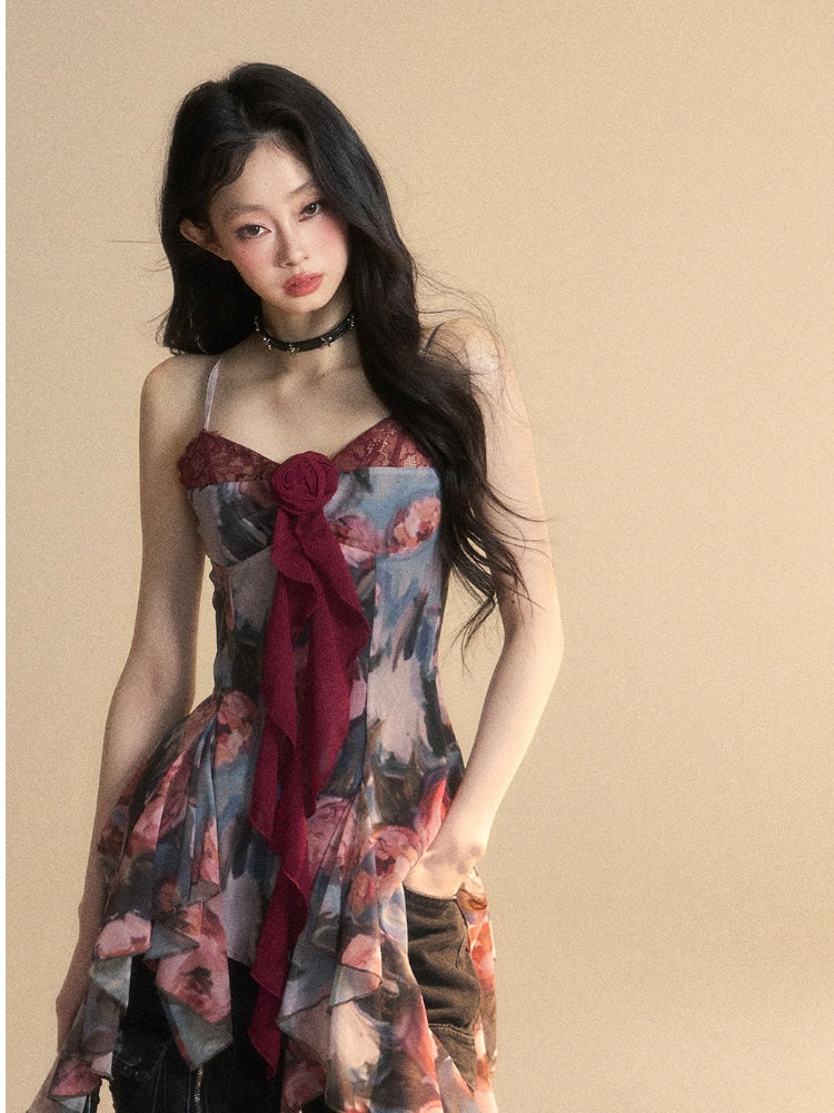 Painting Red Oil Cami Top Asymmetrical Flounce Embellished Hem Floral Glamorous